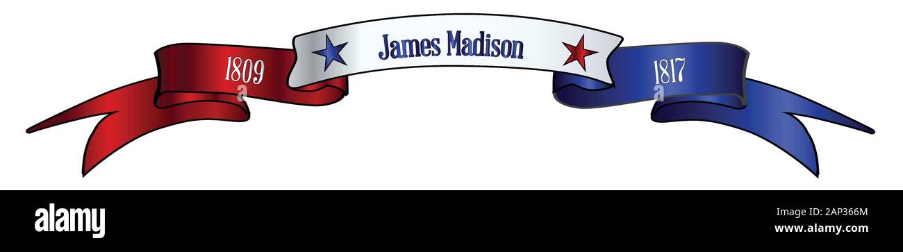 Un rosso bianco e blu o in raso di seta banner a nastro con il testo James Madison e stelle e data in ufficio Illustrazione Vettoriale