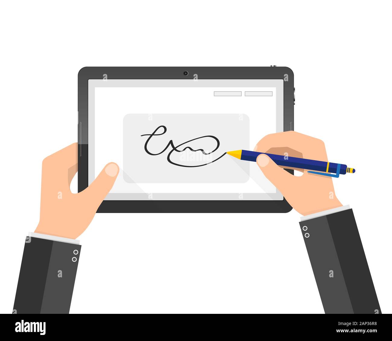 Le mani di imprenditore e la firma digitale sul tablet. Illustrazione Vettoriale. Concetto moderno di manoscritti di firma digitale nel design piatto. Illustrazione Vettoriale