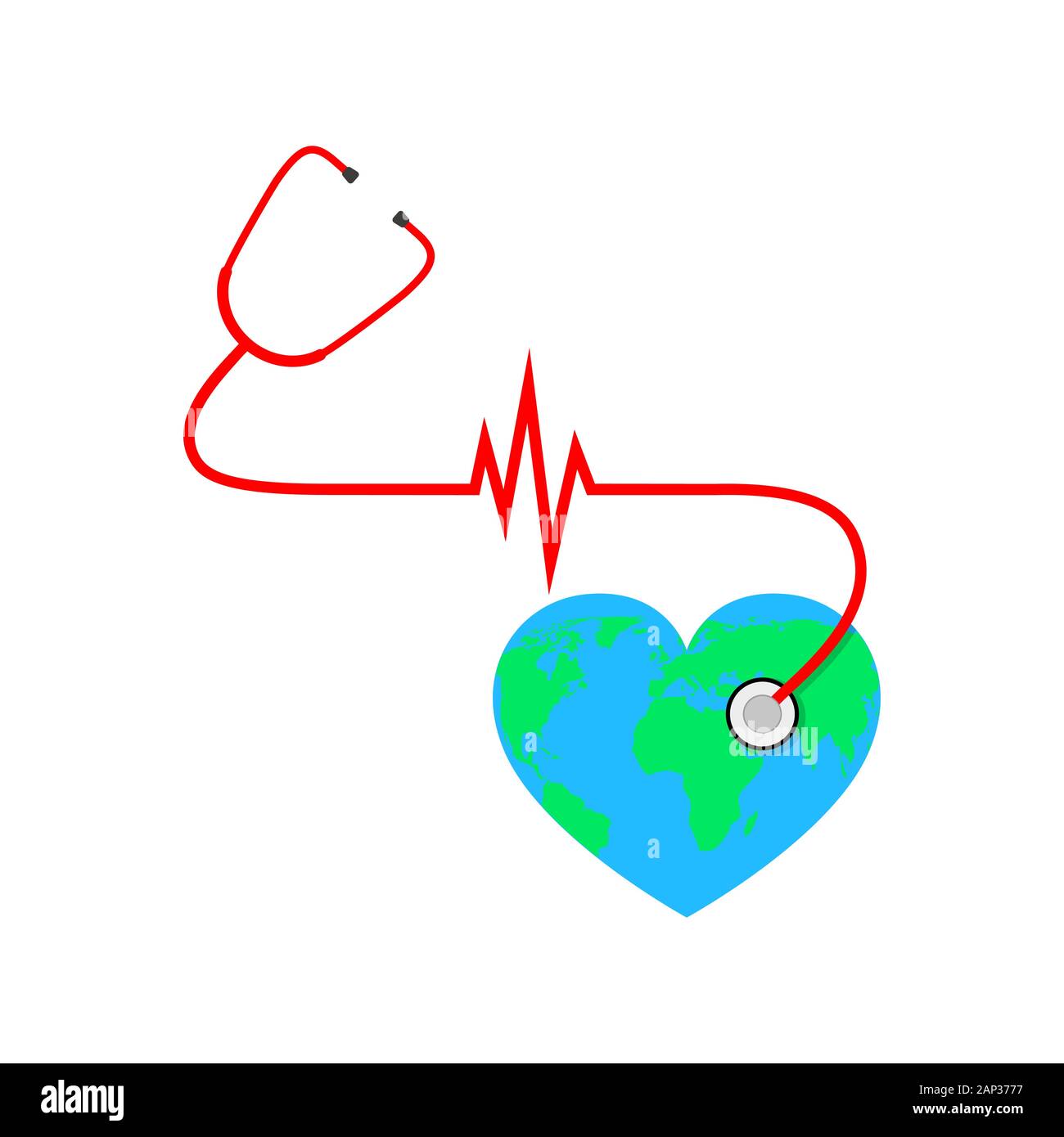 Giornata mondiale della sanità. Illustrazione Vettoriale. Globo a forma di cuore con lo stetoscopio e segno di heartbeat su sfondo bianco. Illustrazione Vettoriale