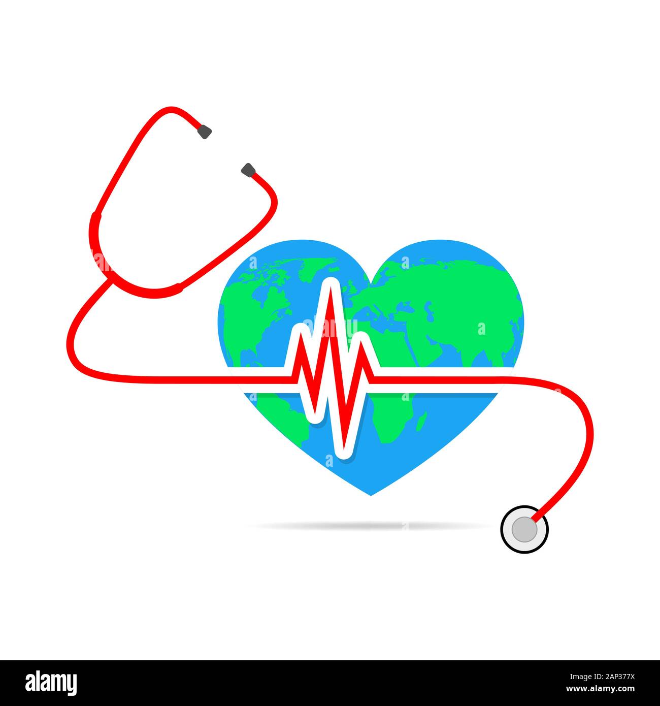 Giornata mondiale della sanità. Illustrazione Vettoriale. Globo a forma di cuore con lo stetoscopio e segno di heartbeat su sfondo bianco. Illustrazione Vettoriale