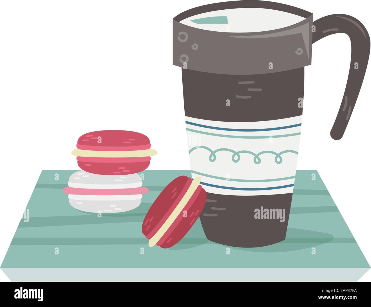 Una tazza da viaggio con caffè caldo e amaretti sul tavolo. Appartamento illustrazione vettoriale. Illustrazione Vettoriale