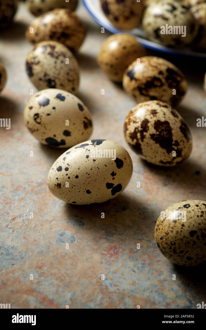 Uova di quaglia su un tavolo di pietra. Foto Stock