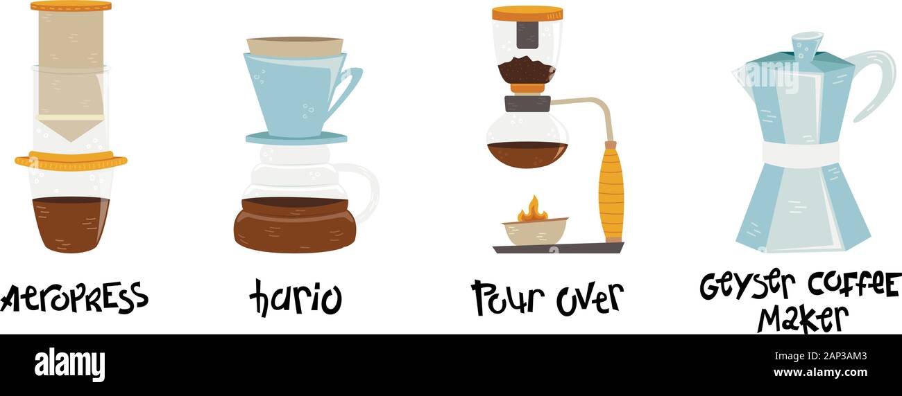 Set di 4 caffè di metodi alternativi per la produzione di birra. Cultura del caffè. Aeropress, hario versare sopra, geyser caffettiera. Illustrazione Vettoriale