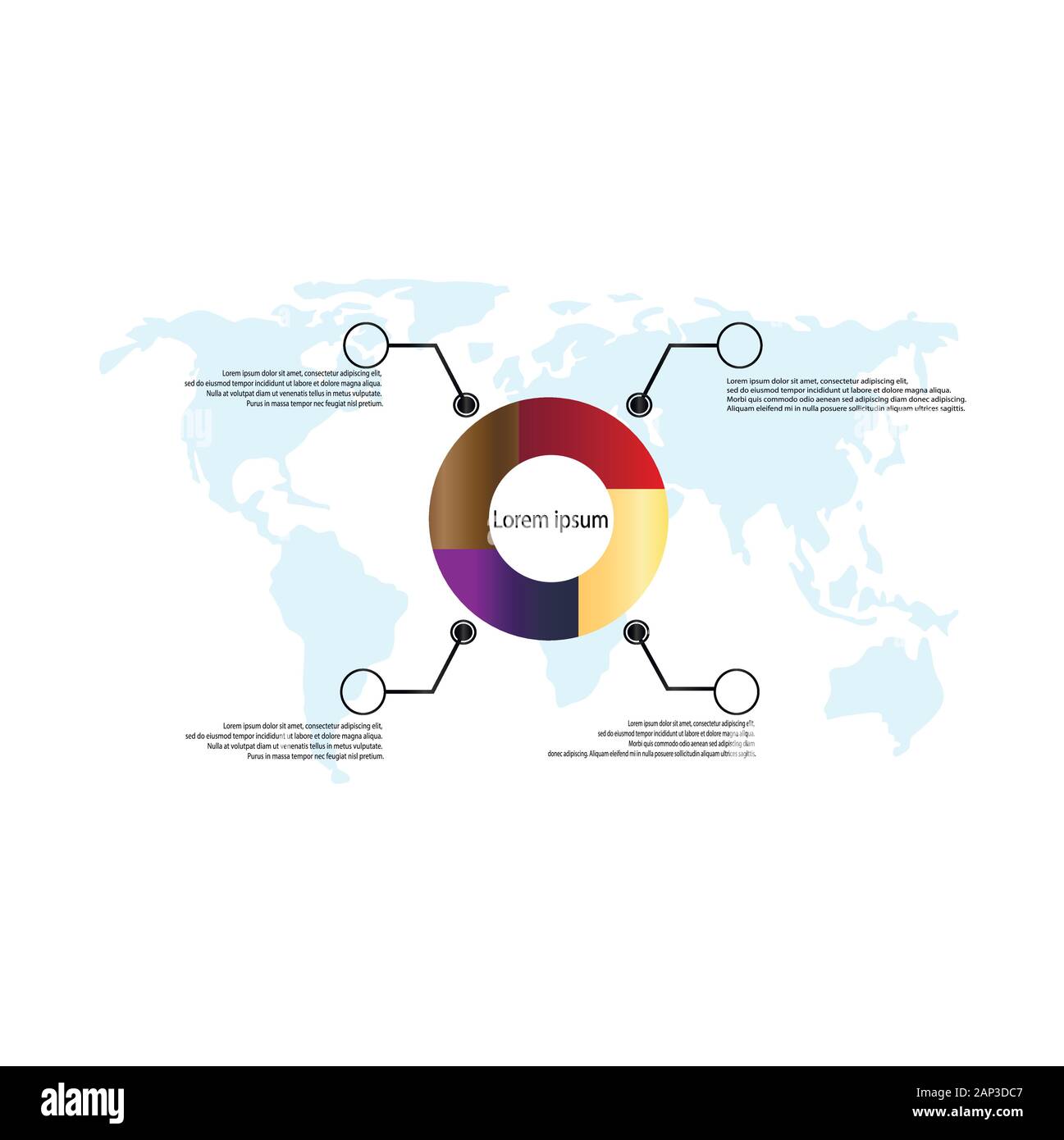 Business infographics - gradiente di colore grafico a torta - Statistiche e analisi. Quattro-schema parte con la descrizione e la mappa del mondo Illustrazione Vettoriale