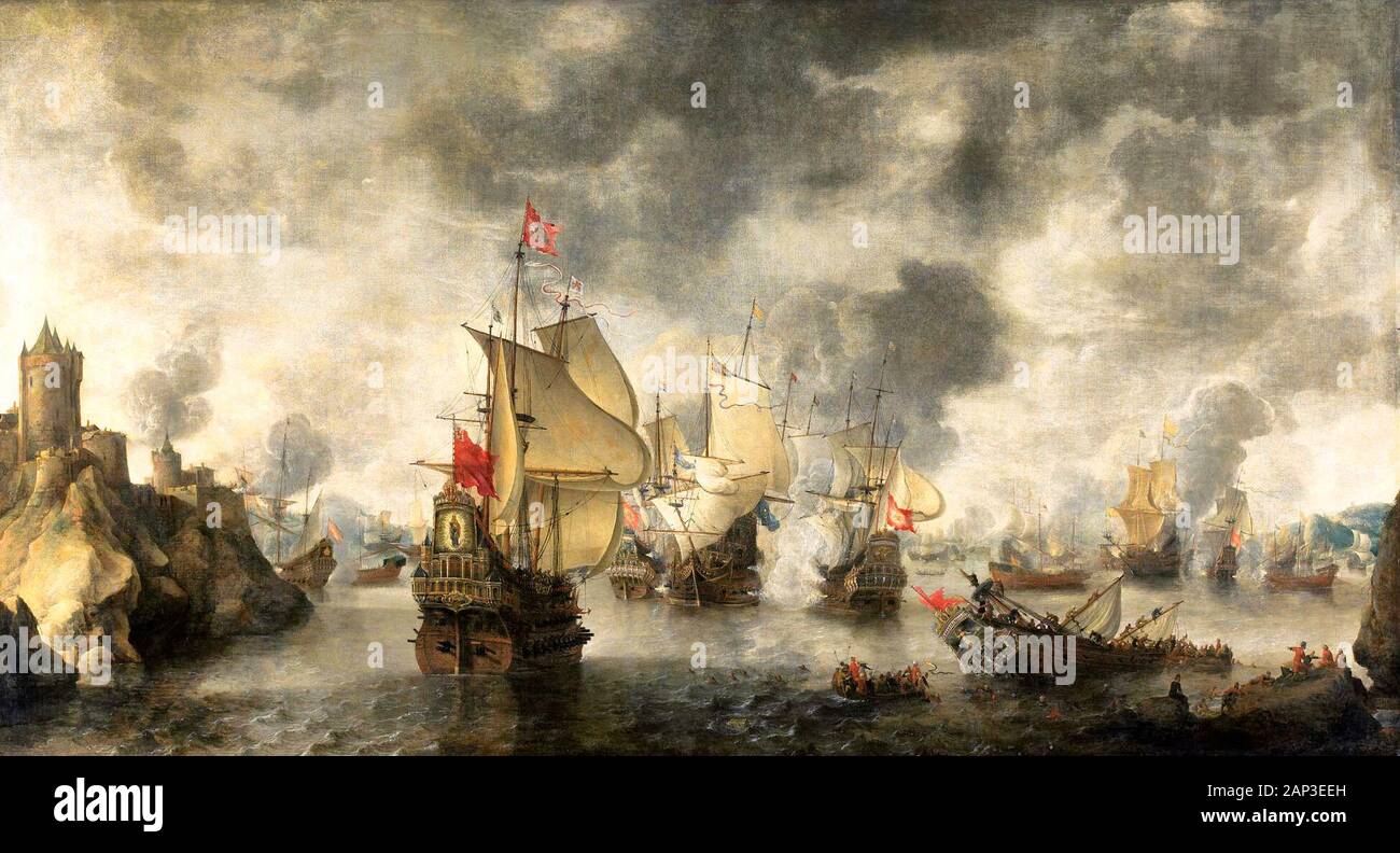 Battaglia combinata dei veneziani e flotte olandesi contro i Turchi nella baia di Foya, 1649 - Abramo Beerstraaten, 1656 Foto Stock