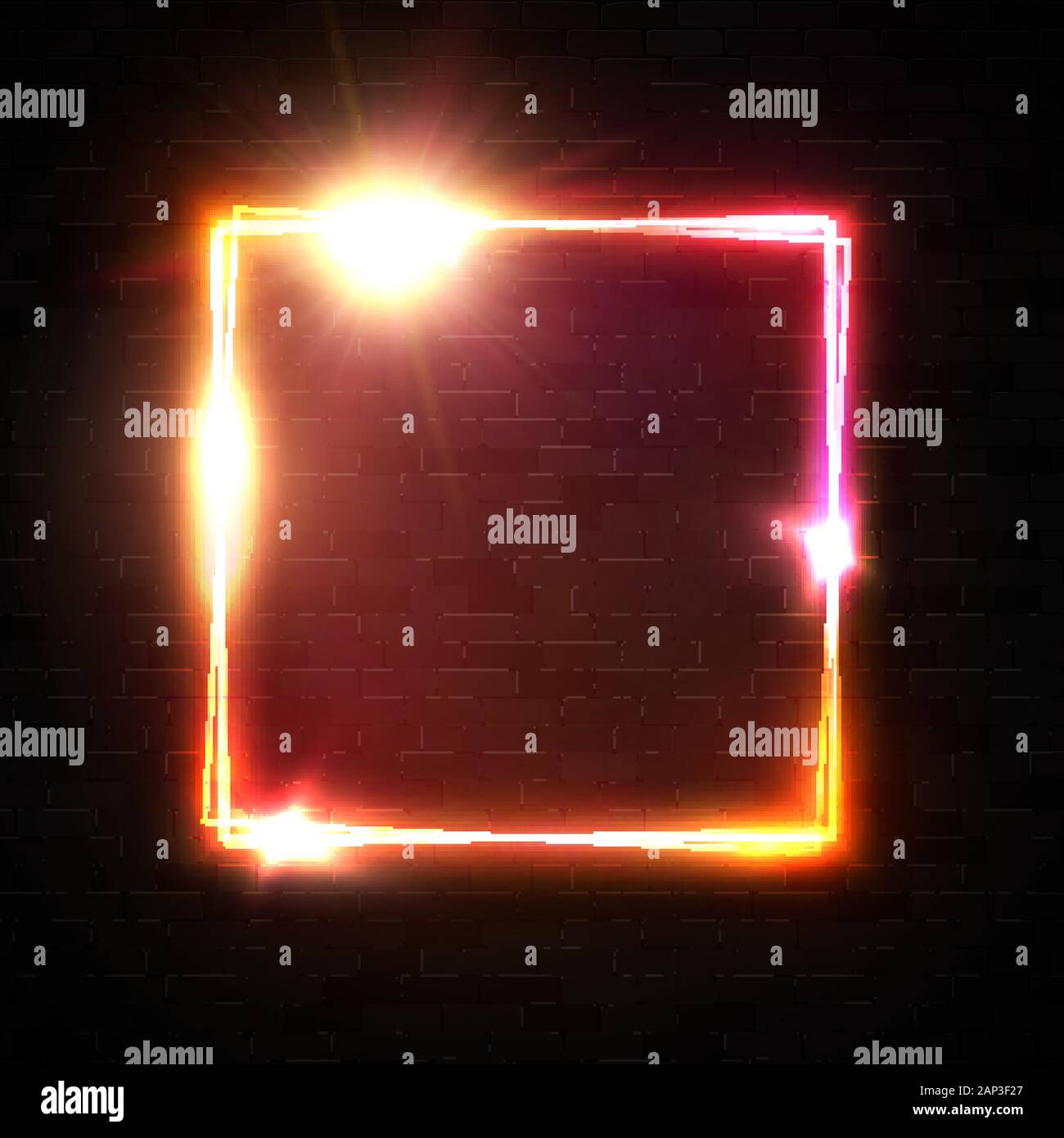 Neon realistico square segno nero sul muro di mattoni in background. Rettangolo incandescente telaio con stella splendente sparkle sul rosso scuro per la notte bar street e composizioni Illustrazione Vettoriale Neon realistico square segno nero sul muro di mattoni in background. Rettangolo incandescente telaio con stella splendente sparkle sul rosso scuro per la notte bar street e composizioni Illustrazione Vettoriale
