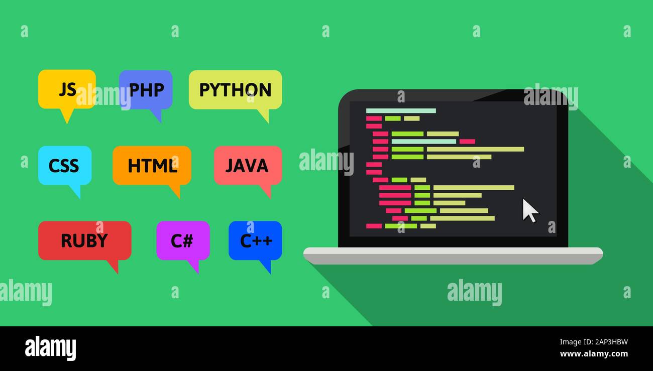 Vari linguaggi di programmazione concetto. Laptop, codice e fumetti in un colorato design piatto. Illustrazione Vettoriale