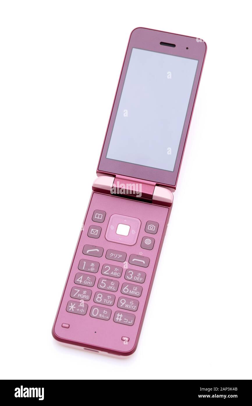 Telefono cellulare giapponese isolato su sfondo bianco, Garake. Parola giapponese di questa fotografia 'caratteri giapponesi cursivi' Foto Stock
