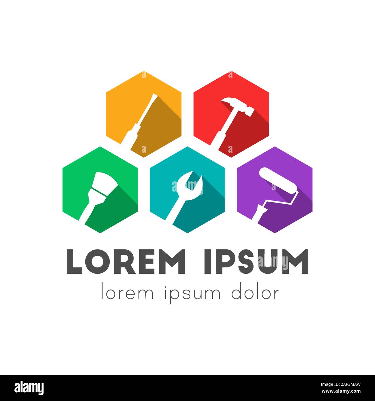 Strumenti di lavoro il concetto di logo. Icone inclinata lateralmente. Colorato design piatto con lunga ombra. Illustrazione Vettoriale