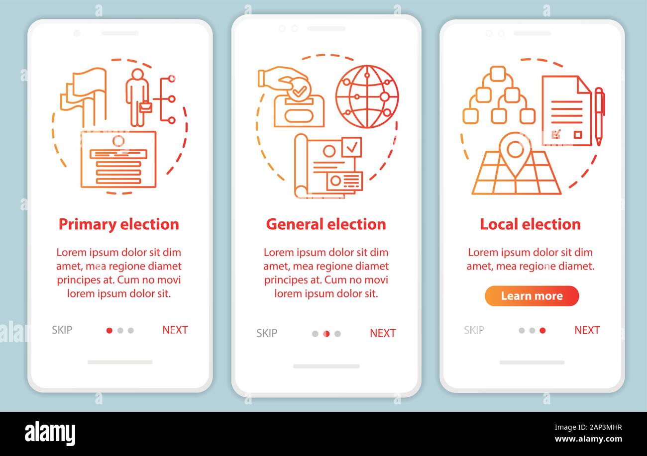 Le elezioni di onboarding mobile app schermo pagina template vettoriale. Elezione Locale, generale figure politiche. Procedura dettagliata sito passi con illustra lineare Illustrazione Vettoriale