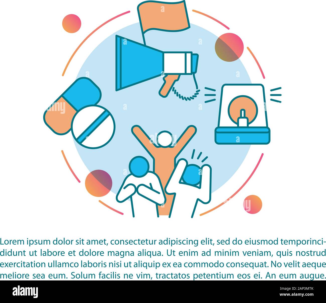 Il comportamento antisociale articolo pagina template vettoriale. Disorganizzazione sociale. Conflitti e disordini. Brochure, rivista, elemento di opuscoli con icone lineare. Illustrazione Vettoriale