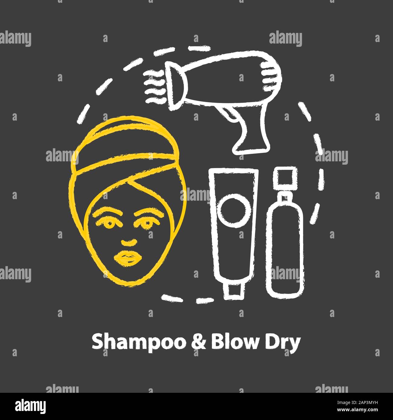 Shampoo e asciugare chalk concetto icona. La cura dei capelli e prodotti di trattamento. Acconciature e taglio di capelli idea. Salone di parrucchiere e un salone di parrucchiere. Vettore Illustrazione Vettoriale
