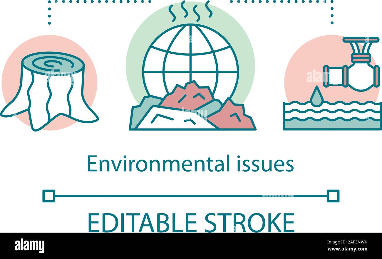 Questioni ambientali concetto icona. Inquinamento dell ambiente, la deforestazione globale i problemi di eco idea sottile linea illustrazione. Ecosistema di contaminazione dei rifiuti Illustrazione Vettoriale