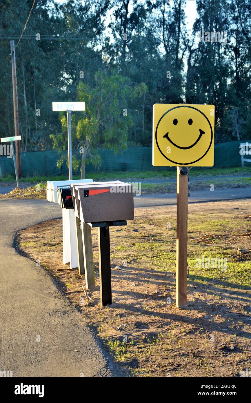 Gruppo di caselle postali per consegna giornaliera con faccia felice su di loro in strada nella zona rurale della CA centrale Foto Stock