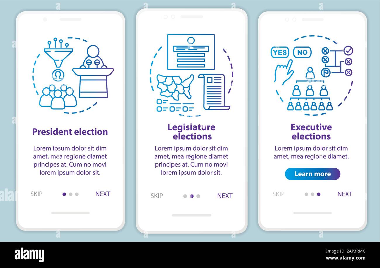Le elezioni di onboarding mobile app schermo pagina template vettoriale. Presidente, legislativo, esecutivo elezioni. Procedura dettagliata sito passi con illus lineare Illustrazione Vettoriale