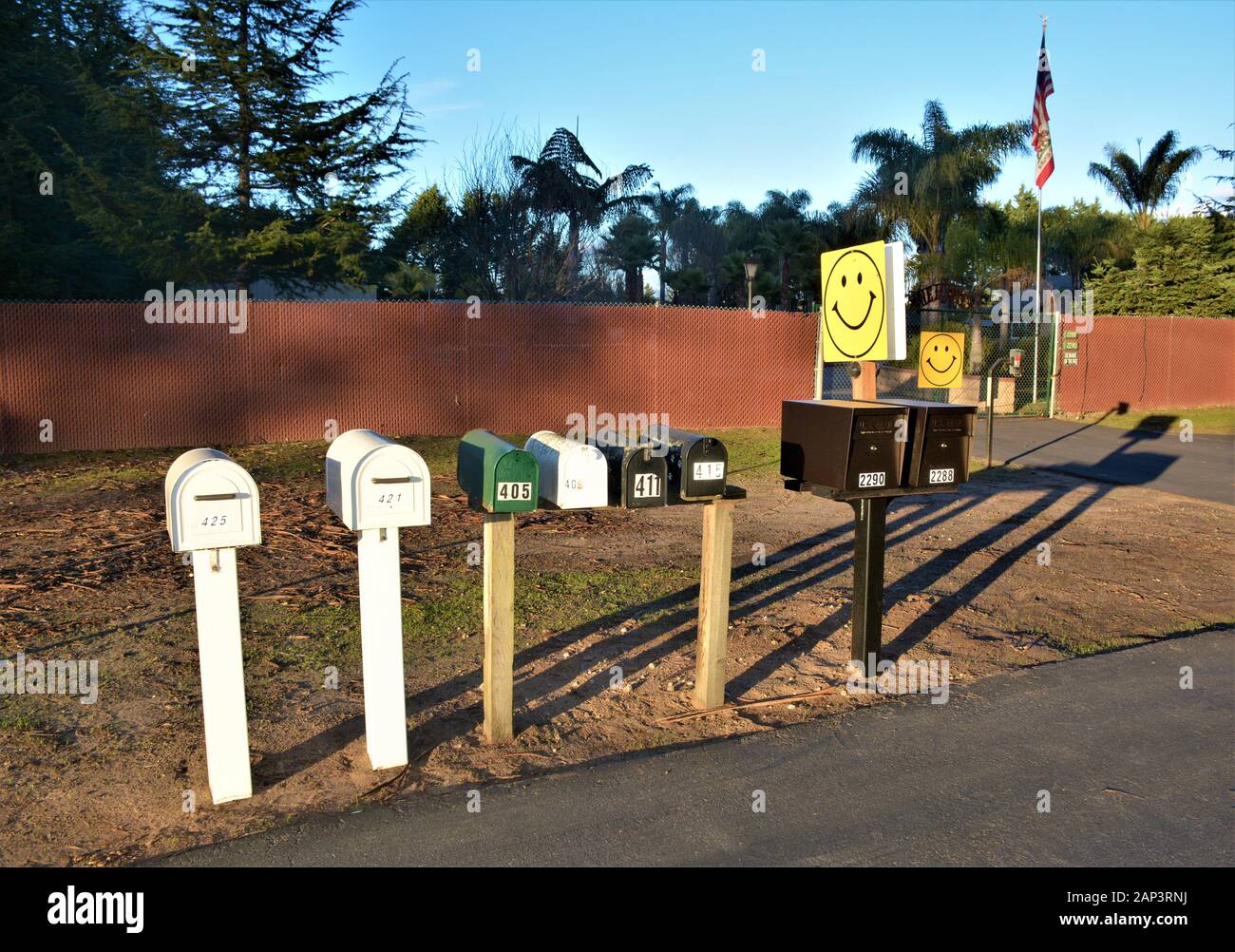 Gruppo di caselle postali per consegna giornaliera con faccia felice su di loro in strada nella zona rurale della CA centrale Foto Stock