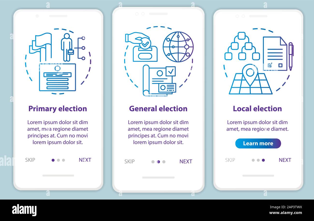 Le elezioni di onboarding mobile app schermo pagina template vettoriale. Elezione Locale, generale figure politiche. Procedura dettagliata sito passi con illustra lineare Illustrazione Vettoriale
