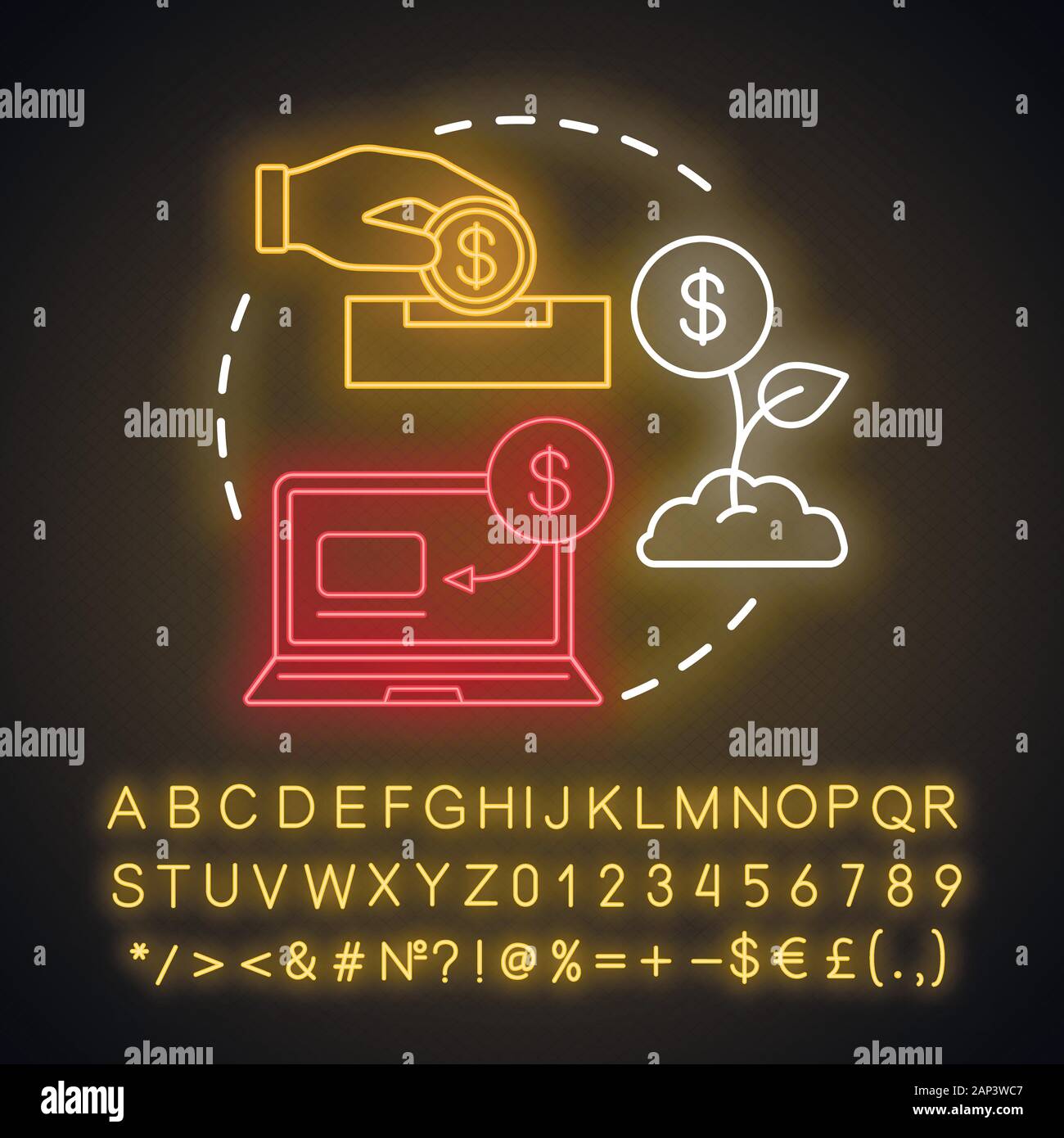 Cashback bonus luce al neon concetto icona. Cash back idea di servizio. La fedeltà del cliente. Ricompensa, beneficiare del programma. Restituzione di denaro. Segno incandescente con alfabeto, Illustrazione Vettoriale