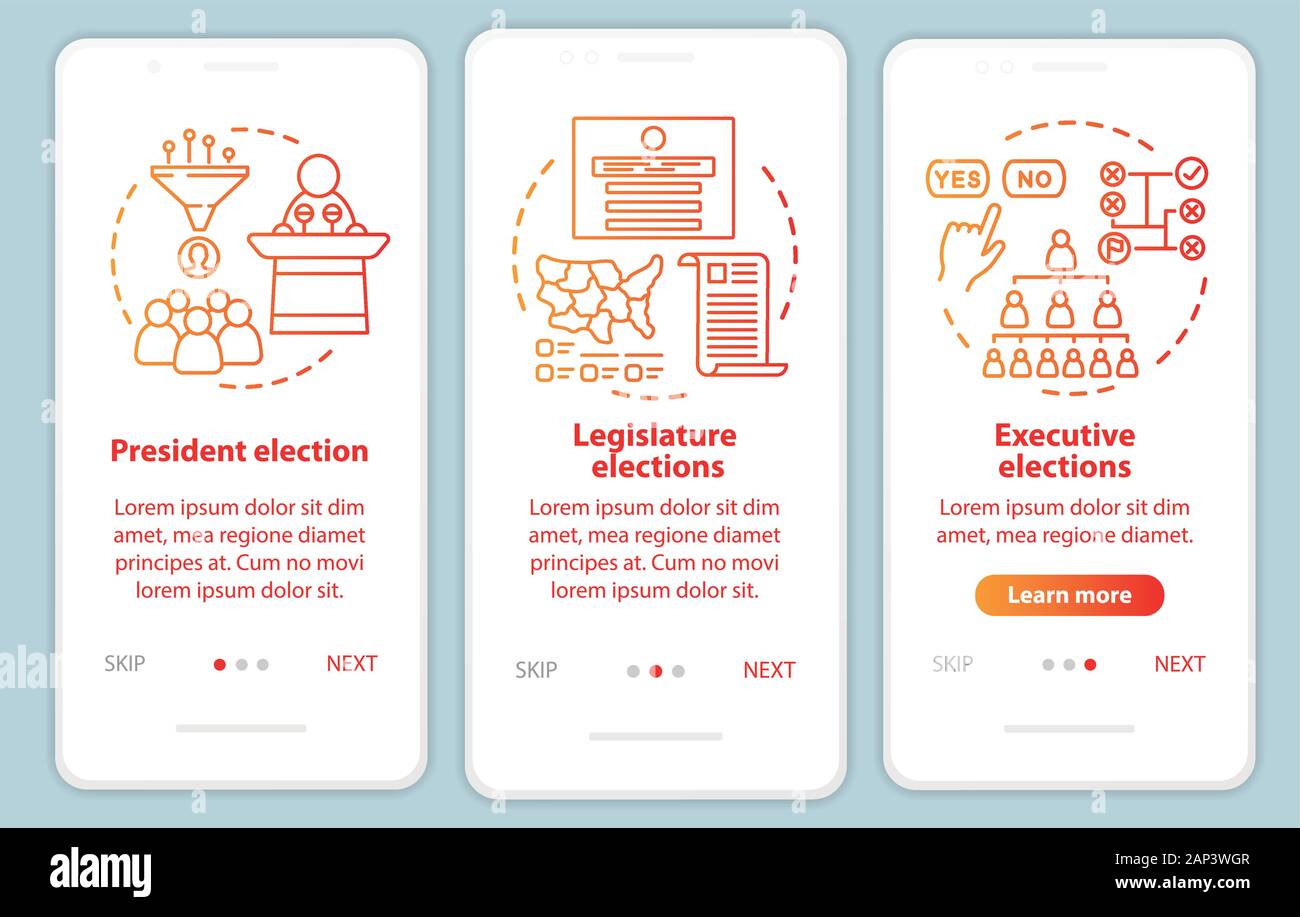 Le elezioni di onboarding mobile app schermo pagina template vettoriale. Presidente, legislativo, esecutivo elezioni. Procedura dettagliata sito passi con illus lineare Illustrazione Vettoriale