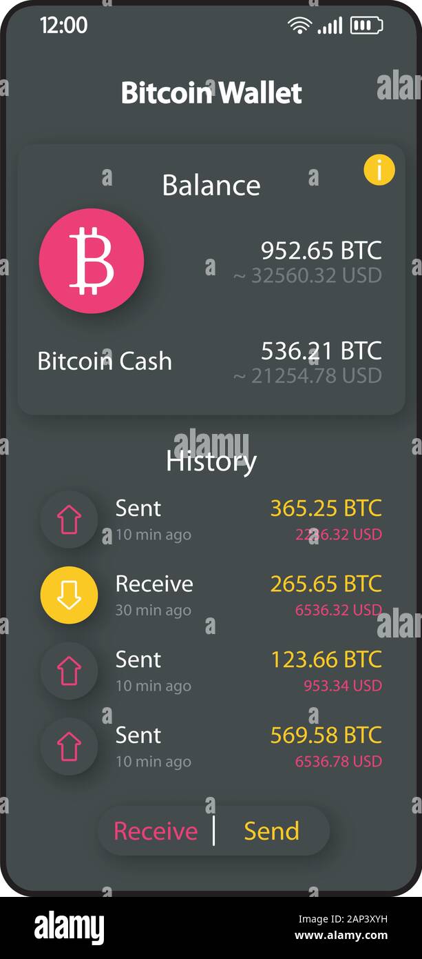 Portafoglio Bitcoin agenda elettronica di interfaccia dello smartphone  template vettoriale. Mobile App pagina design nero formato. Pagamento  Online schermo. Interfaccia utente di piana per l'applicazione. Cr Immagine  e Vettoriale - Alamy
