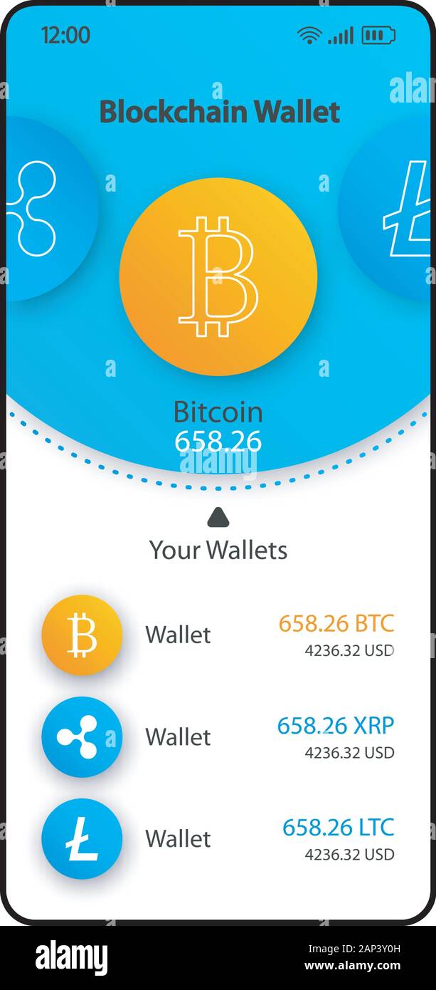 Portafoglio Blockchain interfaccia dello smartphone template vettoriale.  Mobile App pagina bianco e blu il layout di progettazione. Organizer  Cryptocurrency schermo. Interfaccia utente di piatto per app Immagine e  Vettoriale - Alamy