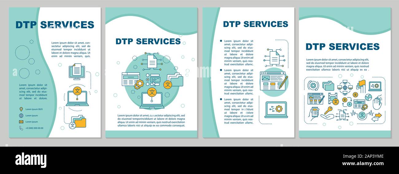 Servizi di DTP modello brochure formato. Il desktop publishing service. Volantini, opuscoli, depliant stampa design lineare con illustrazioni. Vettore di layout di pagina Illustrazione Vettoriale