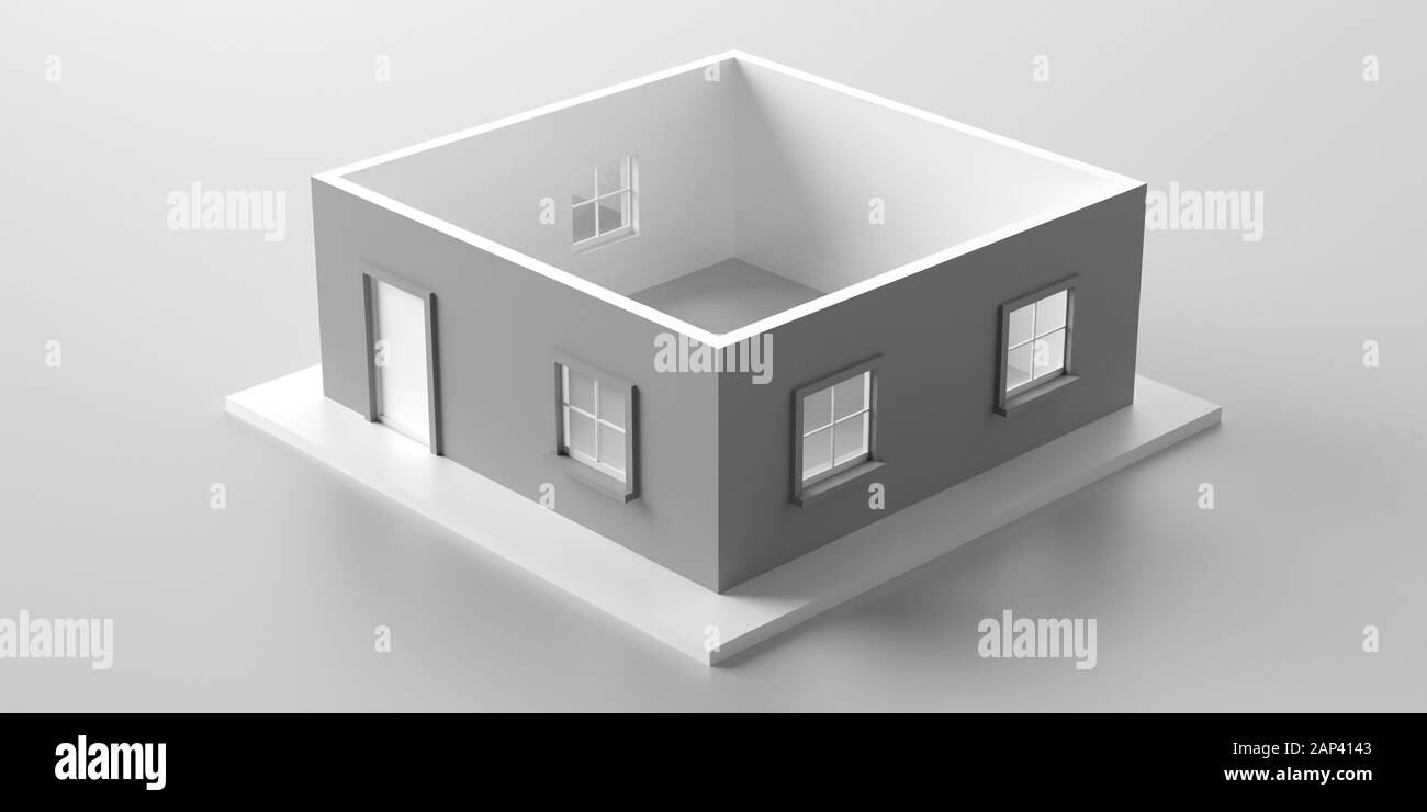 Modello di casa scoperchiata. Telaio della casa, nessun tetto isolati contro uno sfondo bianco. 3d illustrazione Foto Stock