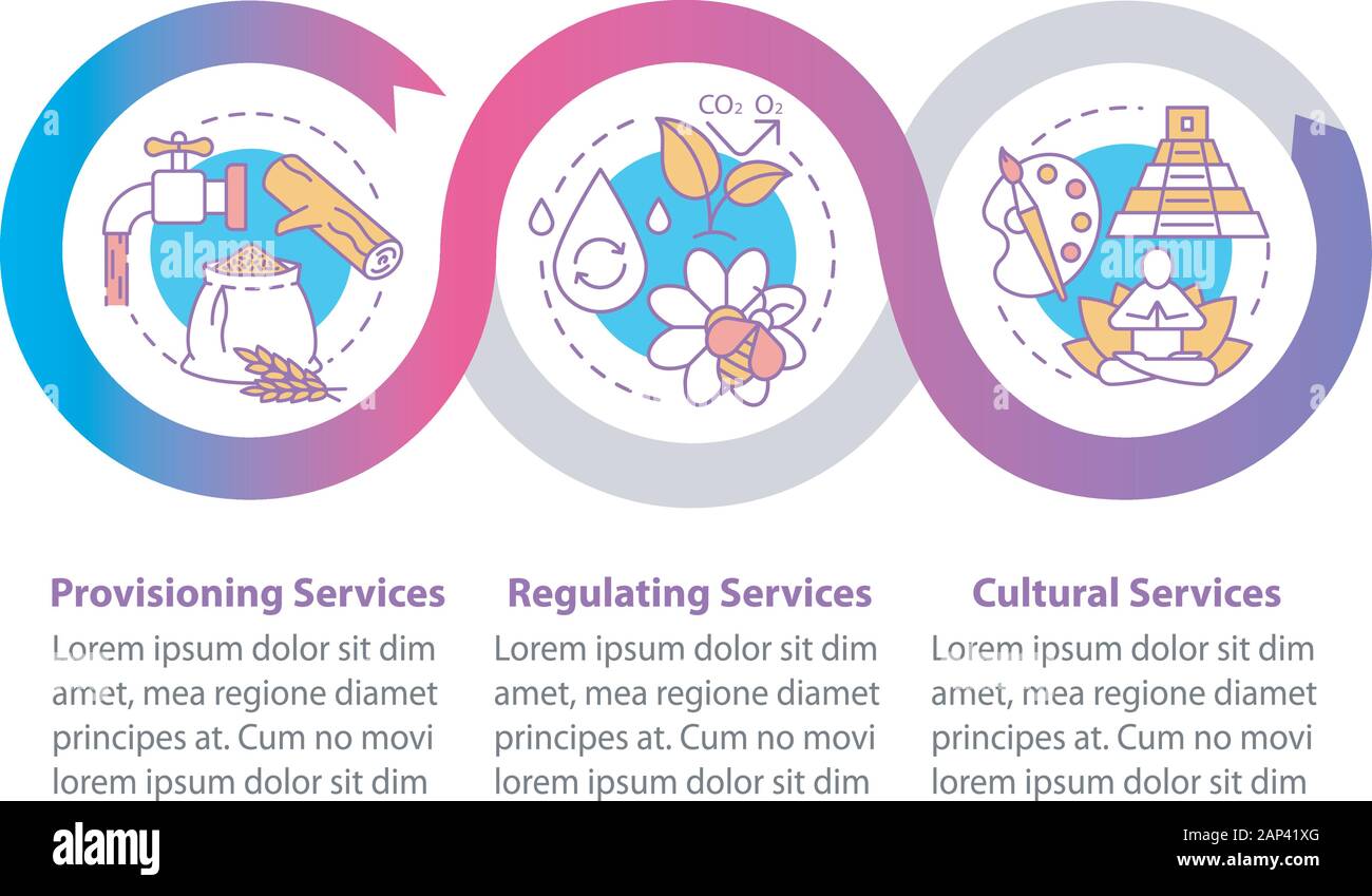 I servizi ecosistemici vettore modello infografico. Il Provisioning. Presentazione aziendale gli elementi di design. Per la visualizzazione di dati con tre fasi. Tempo di processo Illustrazione Vettoriale