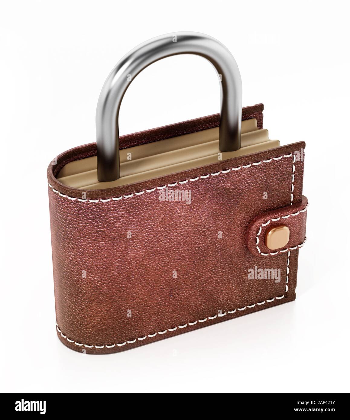 Portafoglio con lucchetto in alto isolato su sfondo bianco. 3D'illustrazione. Foto Stock