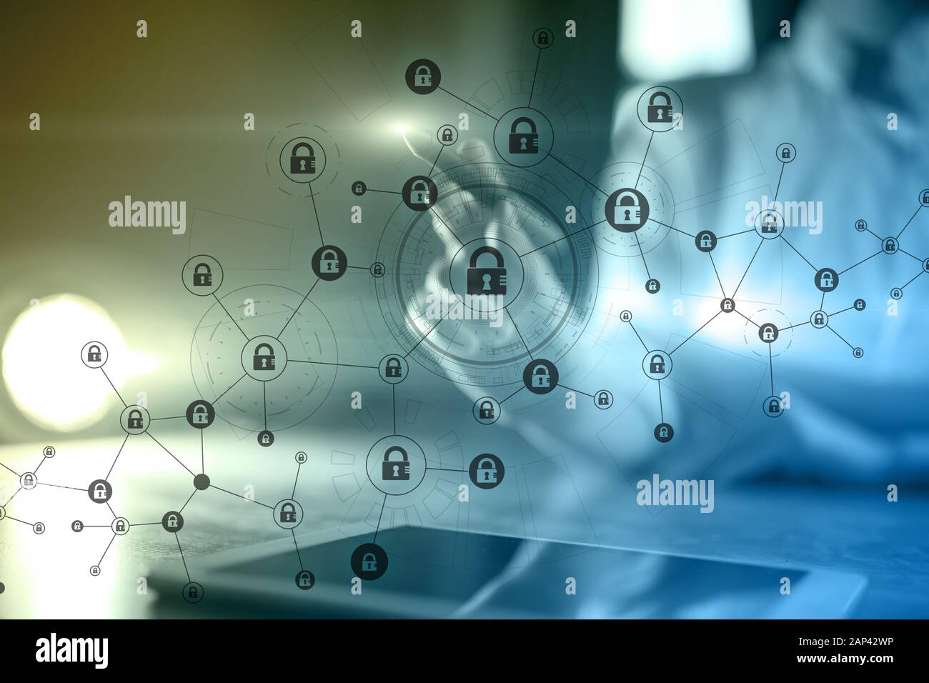 Tecnologia Blockchain sfondo astratto. Criptovaluta, dati criptati, cyber sicurezza Foto Stock