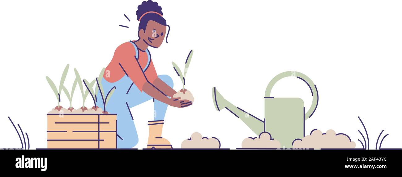 Ragazza appartamento giardinaggio illustrazione vettoriale. African American donna piantare le piantine con annaffiatoio personaggio dei fumetti. L'agricoltore a coltivare il raccolto. Impianto Illustrazione Vettoriale