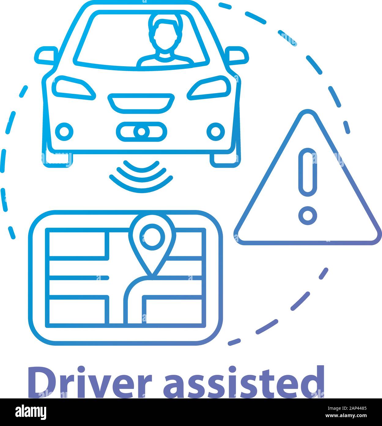 Driver assistito concetto icona. Auto funzioni intelligenti per la sicurezza e il comfort. Informazioni sensoriali di cammini di navigazione idea sottile linea illustrazione. Ve Illustrazione Vettoriale