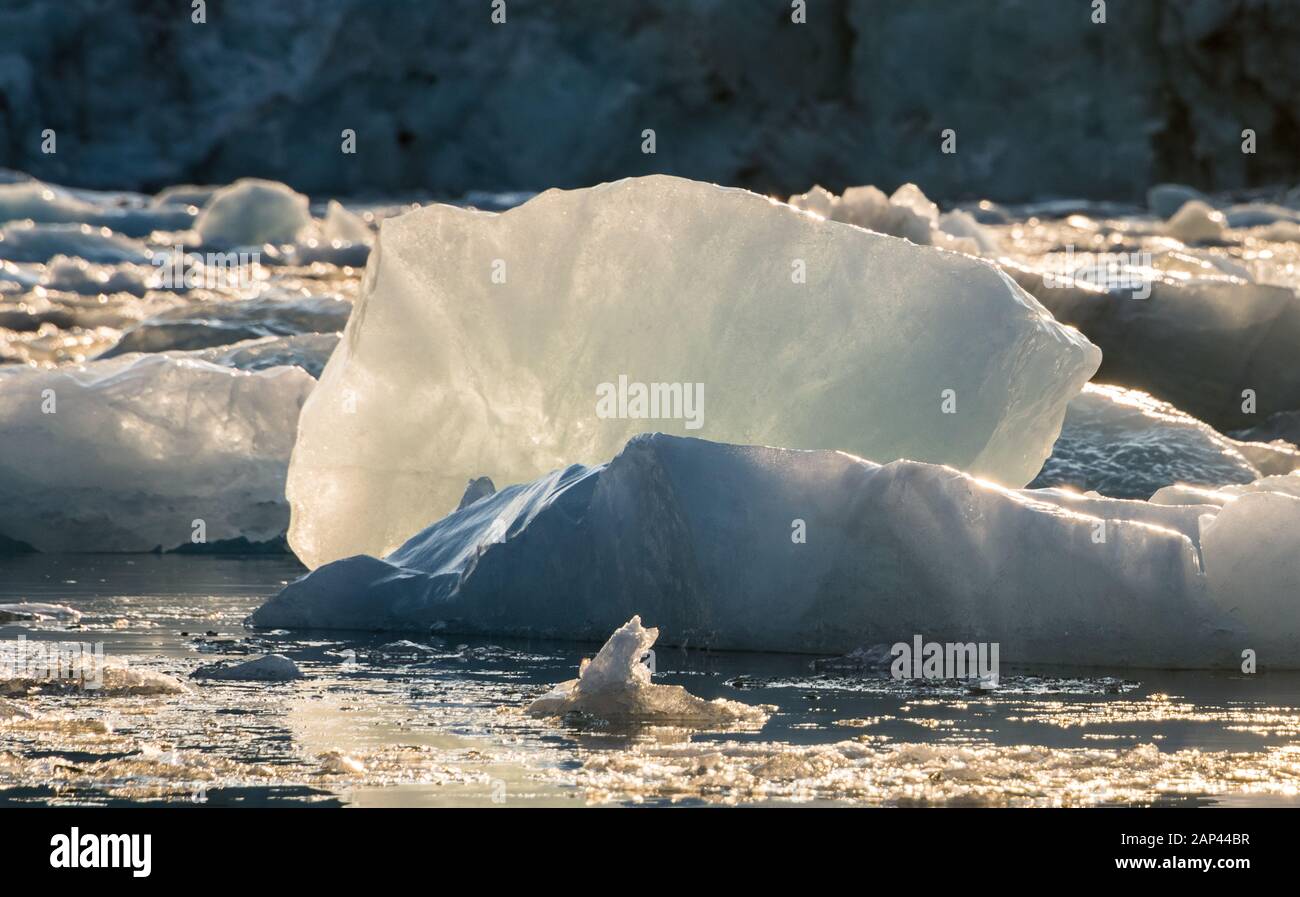 Luminoso ghiaccio di deriva inondato di sole sull'oceano Artico Foto Stock