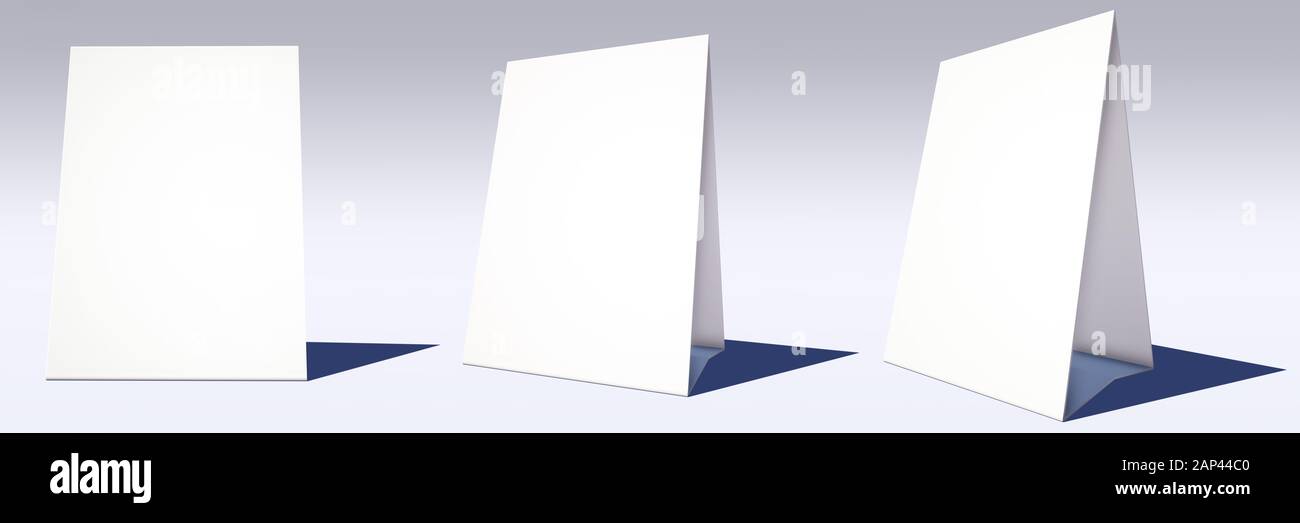 Bianco triangolo tavolo tenda standee isolato sullo sfondo, vista frontale. (Tracciato di ritaglio interno, immagine generata digitalmente dal computer di rendering 3D Foto Stock