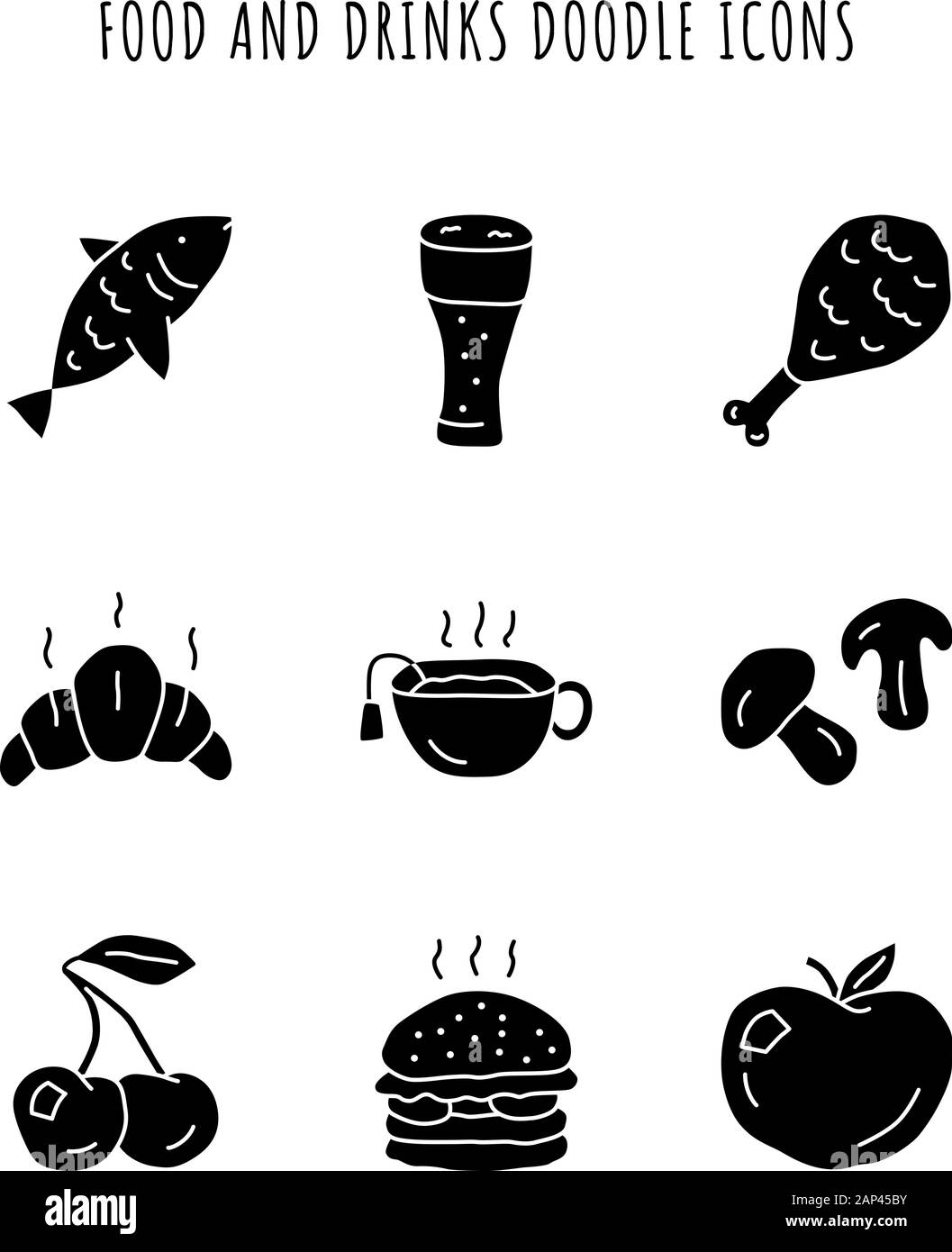 Cibo e bevande glifo set di icone. Burger, Pollo gamba e birra. Delizioso il mangiare e le bevande silhouette simboli. Pesci, ciliegia e Apple. Croissant, h Illustrazione Vettoriale