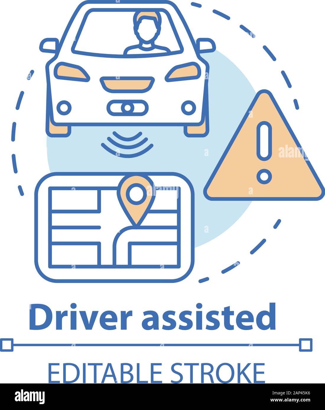 Driver assistito concetto icona. Auto funzioni intelligenti per la sicurezza e il comfort. Informazioni sensoriali di cammini di navigazione idea sottile linea illustrazione. Ve Illustrazione Vettoriale