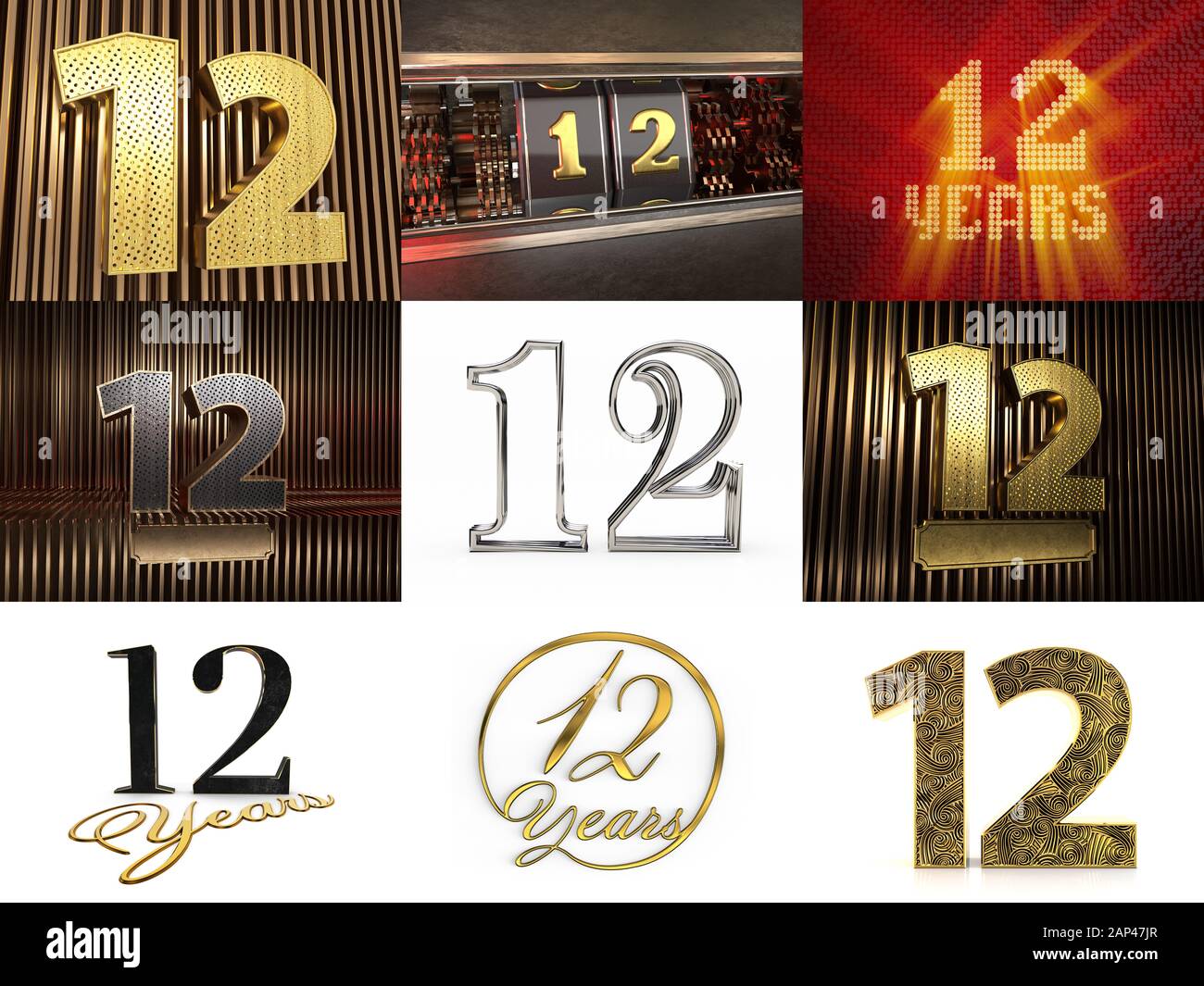 Set di numero 12 (numero dodici) celebrazione design. Elementi del modello del numero anniversario per la festa di compleanno. Figura 3D Foto Stock