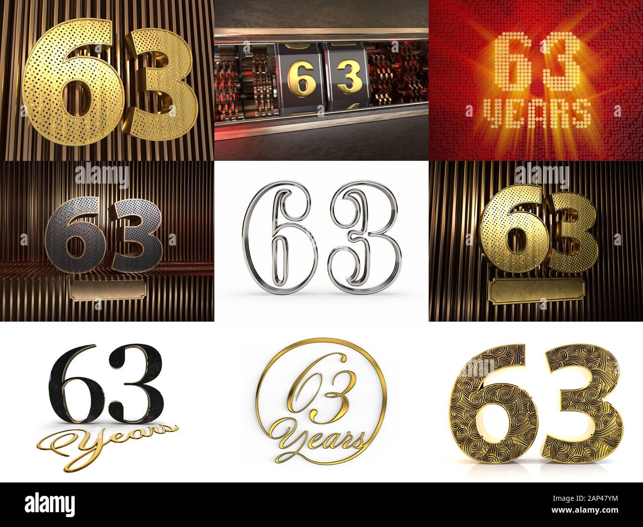 Set di numero 63 (numero sessantatre) celebrazione design. Elementi del modello del numero anniversario per la festa di compleanno. Figura 3D Foto Stock