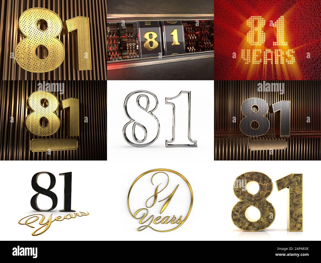 Set di numero 81 (numero ottantuno) celebrazione design. Elementi del modello del numero anniversario per la festa di compleanno. Figura 3D Foto Stock