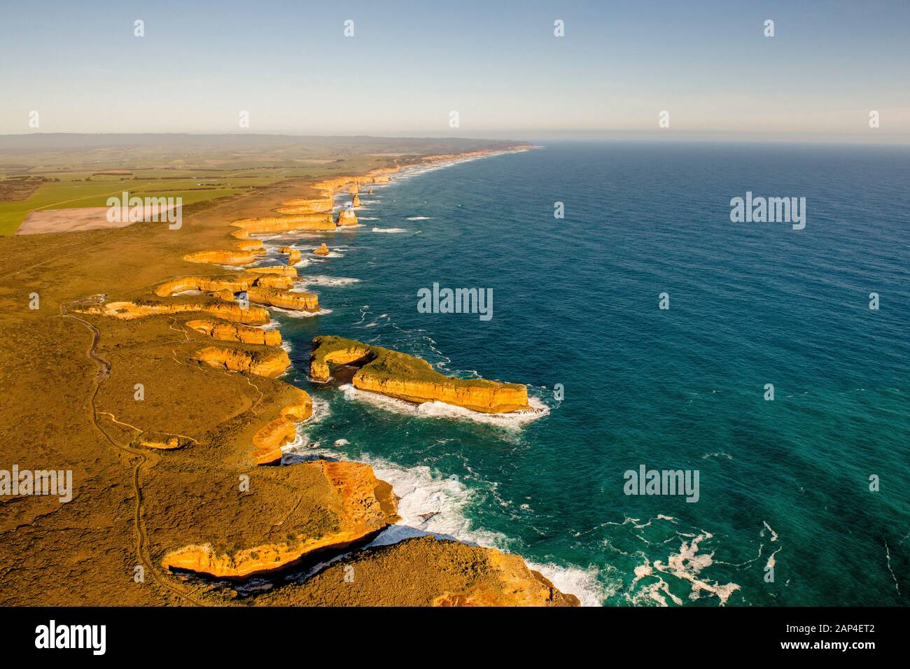 Panoramica aerea del litorale a dodici Apostoli lungo la Great Ocean Road in Victoria, Australia Foto Stock