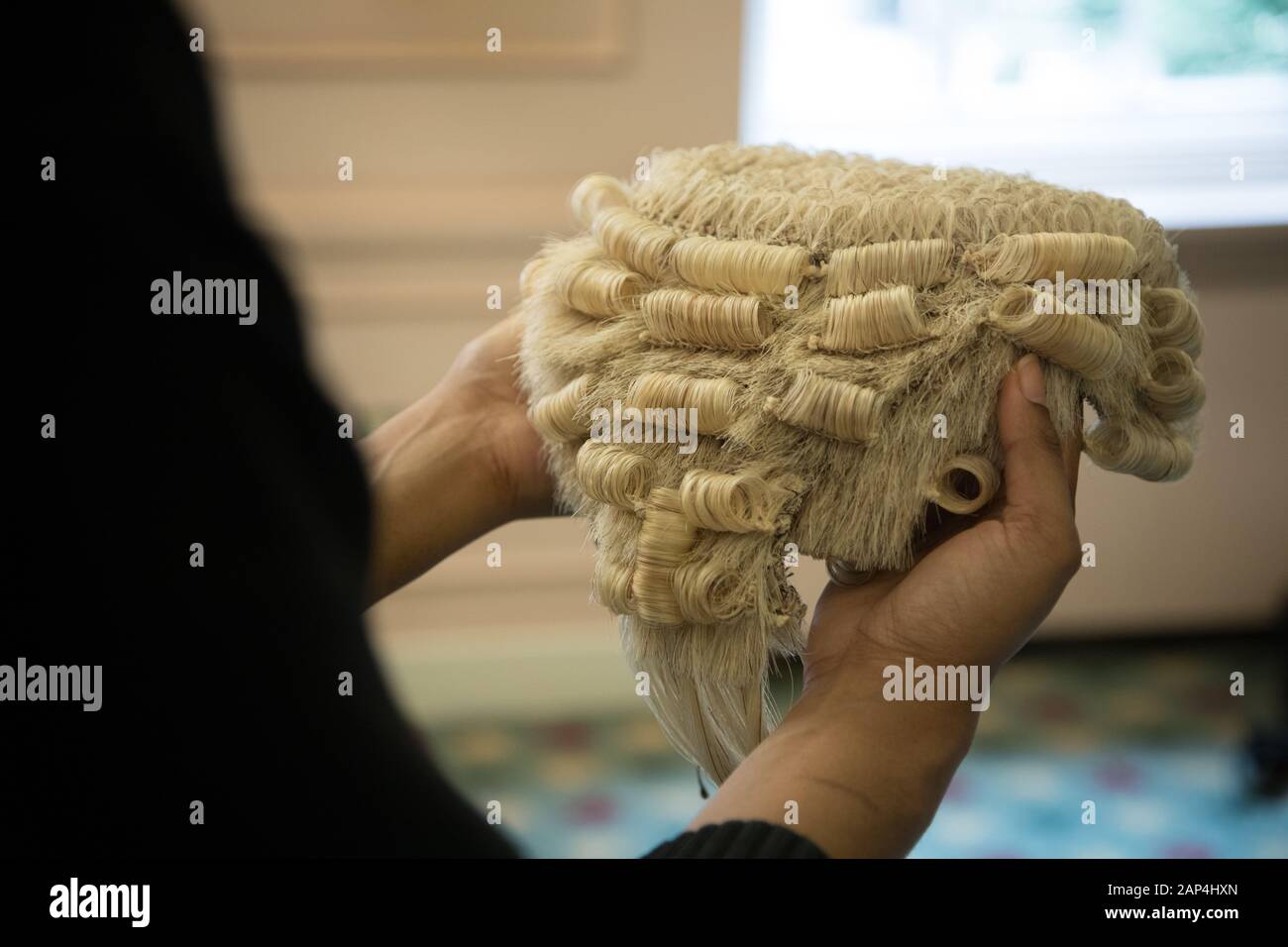 La parrucca trattenuto, indossata da alcuni giudici e avvocati in Inghilterra e nel Galles, noto anche come peruke. Questa foto è stata scattata a una cerimonia di consegna dei diplomi Foto Stock