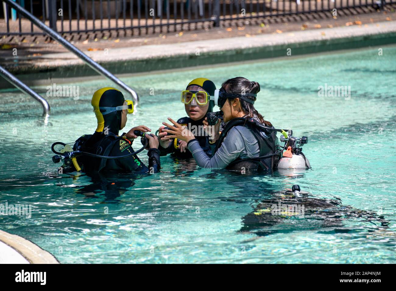 Persone Pendente a Scuba Dive in piscina All'Ombra in giornata di sole Foto Stock