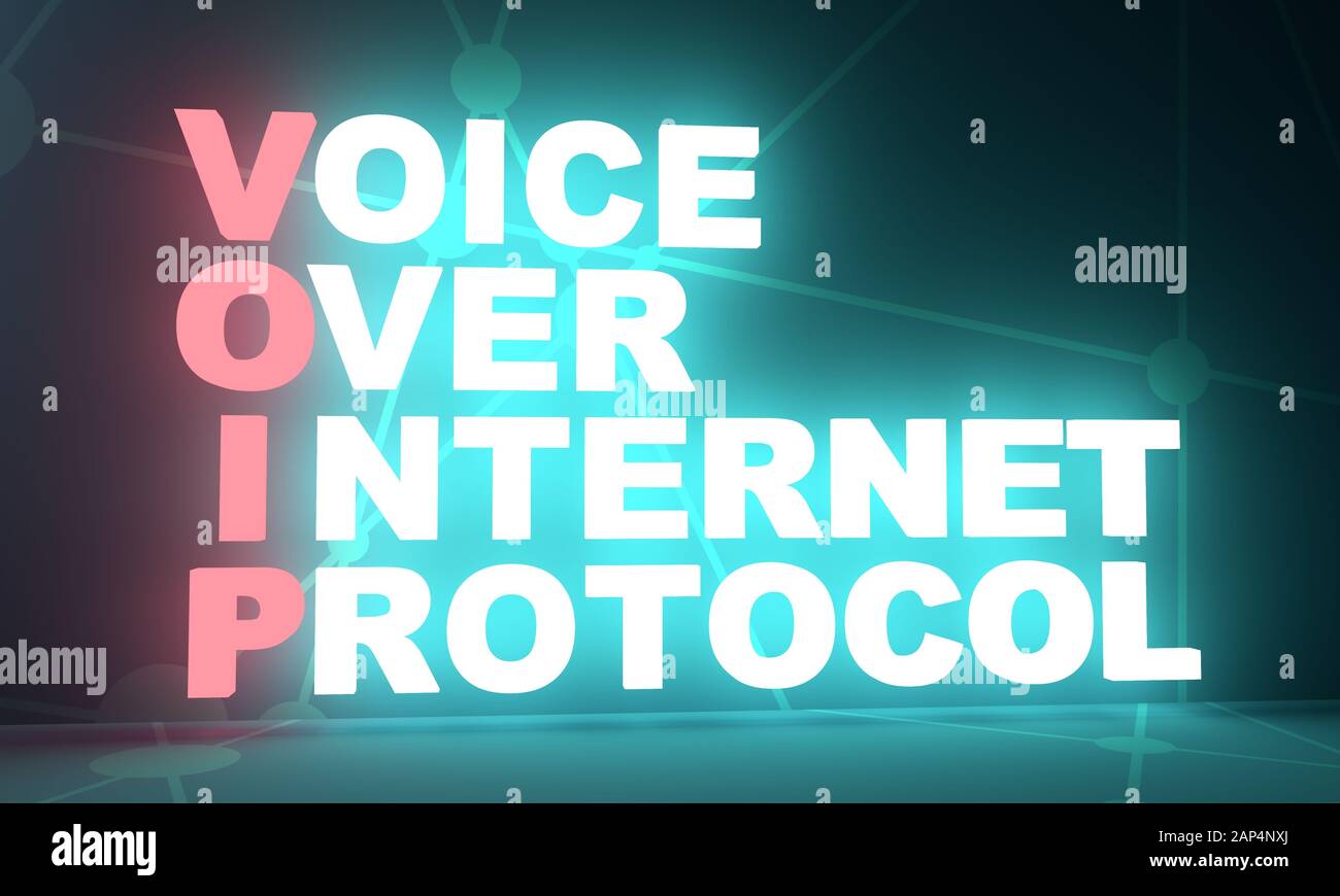 Acronimo VoIP - Voice over Internet Protocol. Immagine concettuale di Internet. Rendering 3D. Illuminazione a lampadina al neon Foto Stock