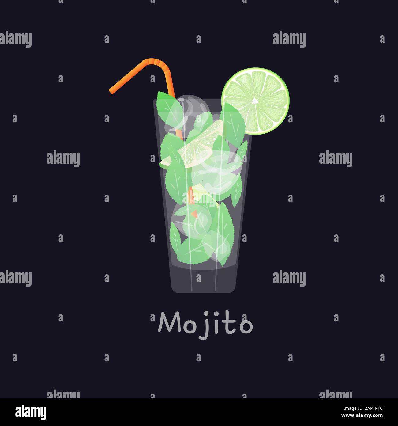 Il Mojito estate spiaggia rinfrescante cocktail tropicale in vetro con acqua di soda, il succo di lime e foglie di menta, zucchero, ghiaccio e rum su sfondo nero, vettore Illustrazione Vettoriale