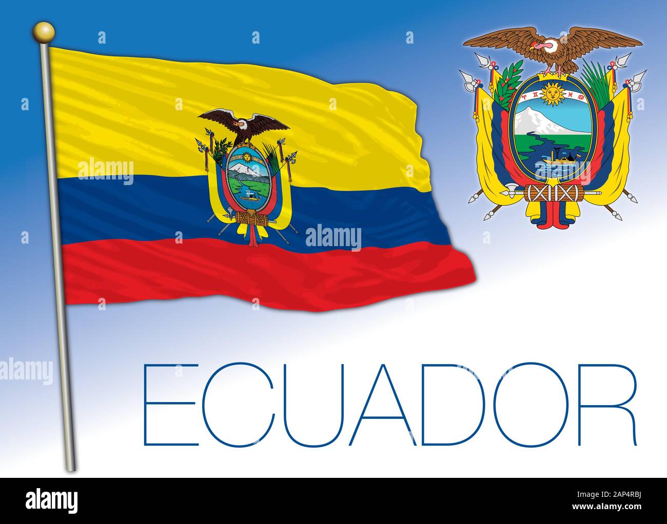 Ecuador bandiera ufficiale nazionale e cappotto di Vrms, paese sudamericano, illustrazione vettoriale Illustrazione Vettoriale