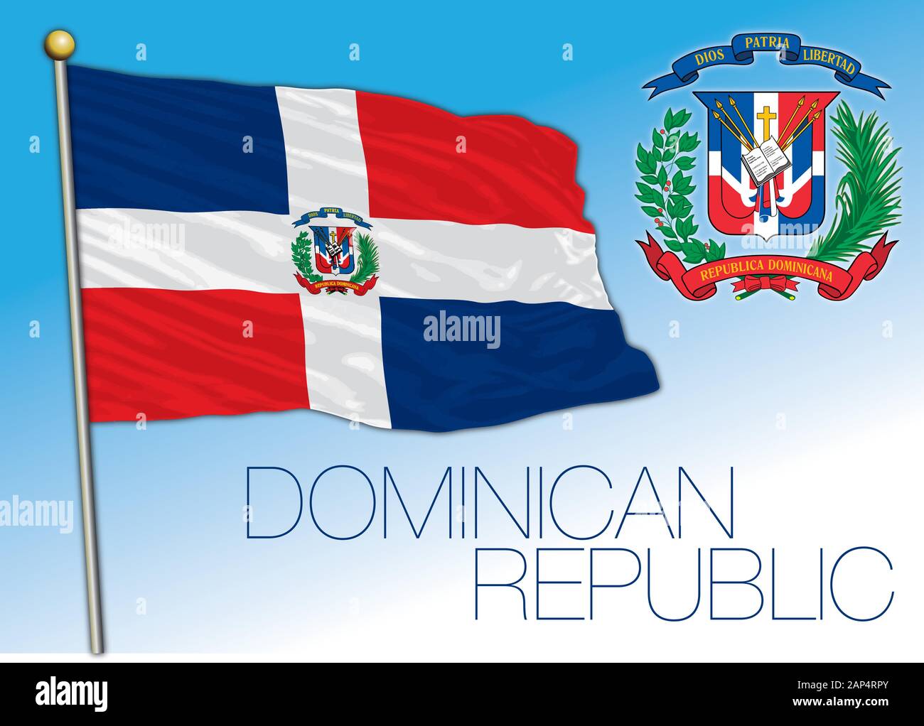 Repubblica Dominicana bandiera ufficiale nazionale e stemma, america centrale, illustrazione vettoriale Illustrazione Vettoriale
