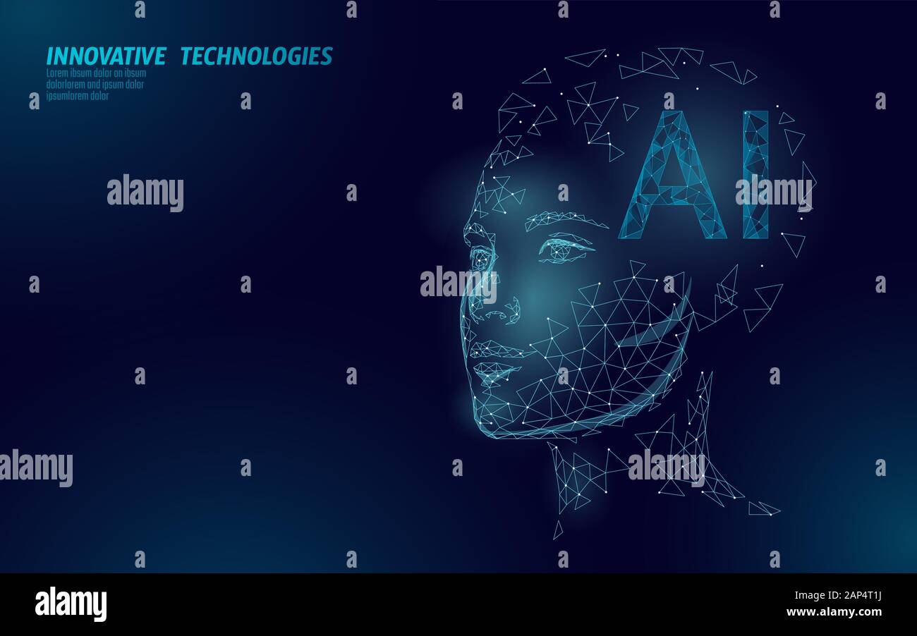 I robot di intelligenza artificiale supportano 3D. Tecnologia del servizio di riconoscimento vocale Virtual Assistant. Chatbot bella faccia femmina basso vettore Poly Illustrazione Vettoriale