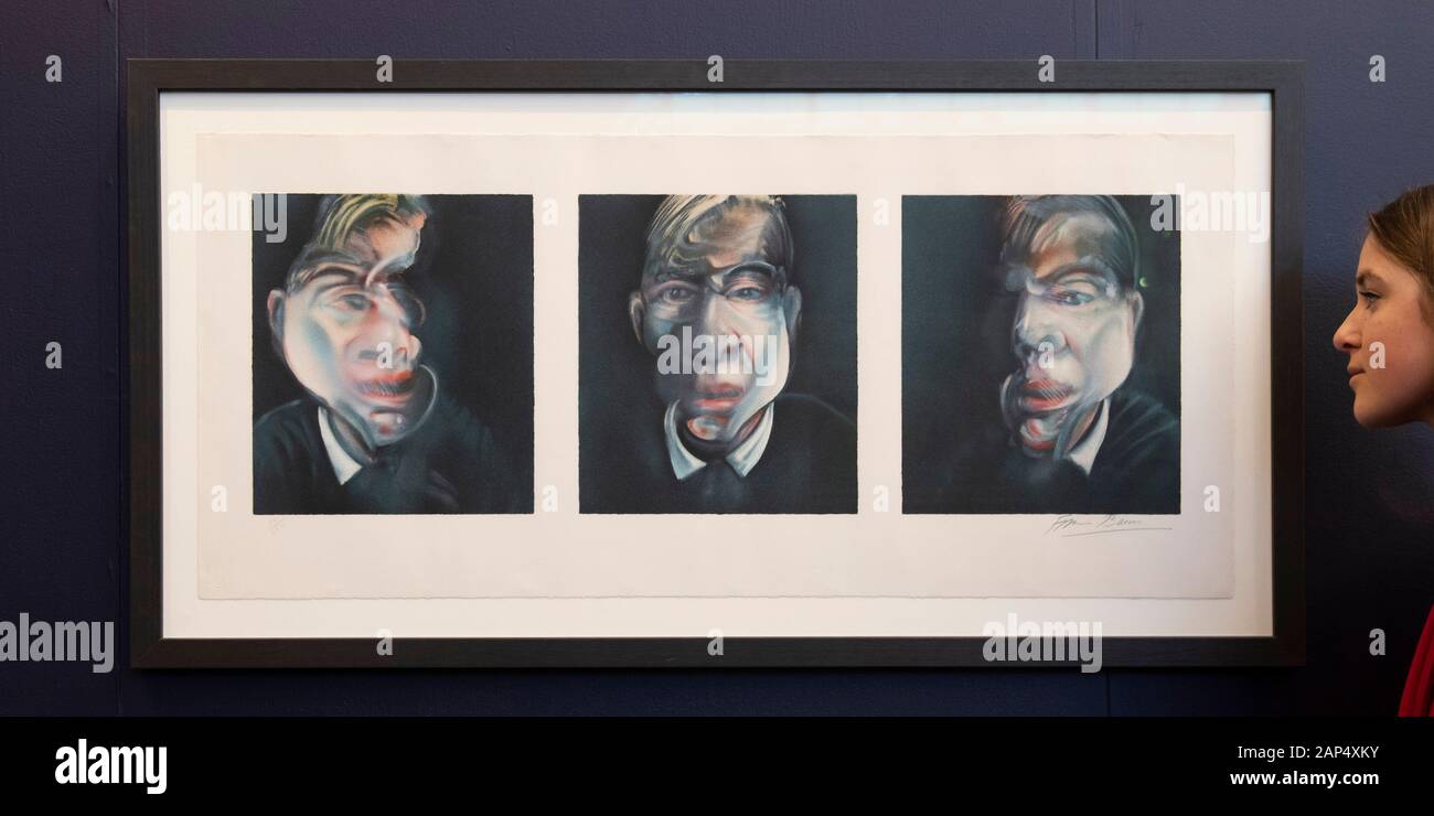 Business Design Centre di Islington, Londra, Regno Unito. Il 21 gennaio 2020. London Art Fair vetrine eccezionale arte moderna e contemporanea del nostro tempo, per scoprire e acquistare. La fiera è una destinazione stabilita sia per qualità del museo di arte moderna e contemporanea, di lavoro dalle stampe ed edizioni di opere di grandi artisti di fama internazionale. Immagine: Francis Bacon, tre studi per un autoritratto, litografia. Credito: Malcolm Park/Alamy Live News. Foto Stock