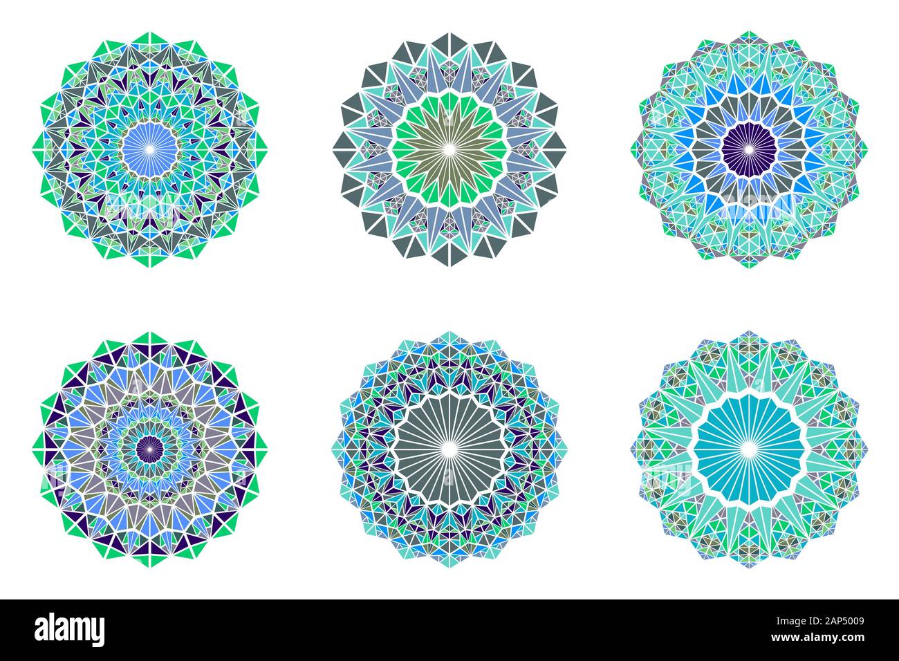 Colorato geometrico astratto triangolare ornato mandala set - poligonale round ornamentali illustrazioni vettoriali Illustrazione Vettoriale