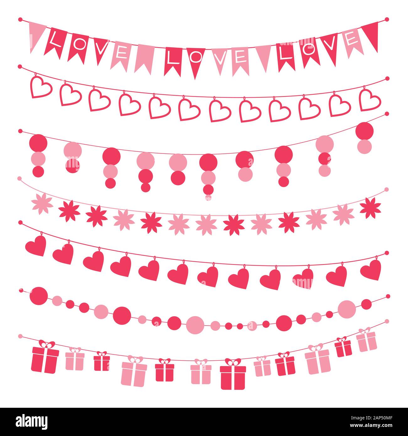Set di ghirlande, buntings per il giorno di San Valentino Illustrazione Vettoriale